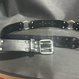 Large black Italian Leather Belt with silver buckle